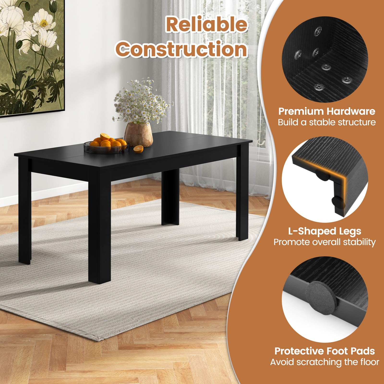 63-Inch Rectangular Dining Table for 6 - Farmhouse Kitchen Table