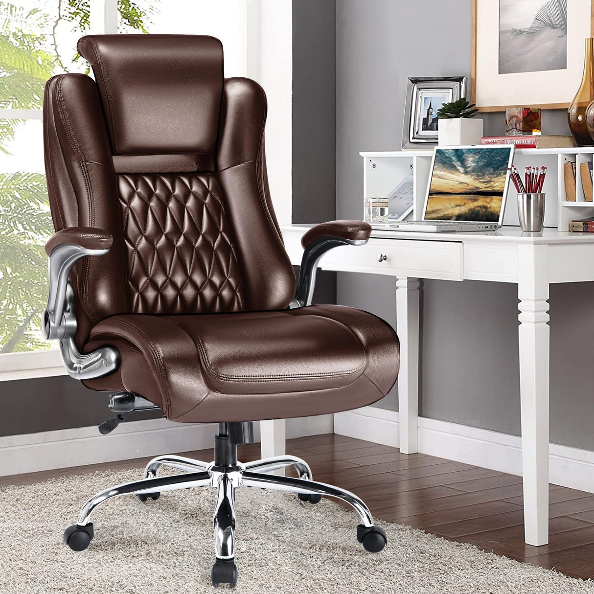 High Back Office Chair with Flip-up Armrests - Lifting Headrest, Built-in Adjustable