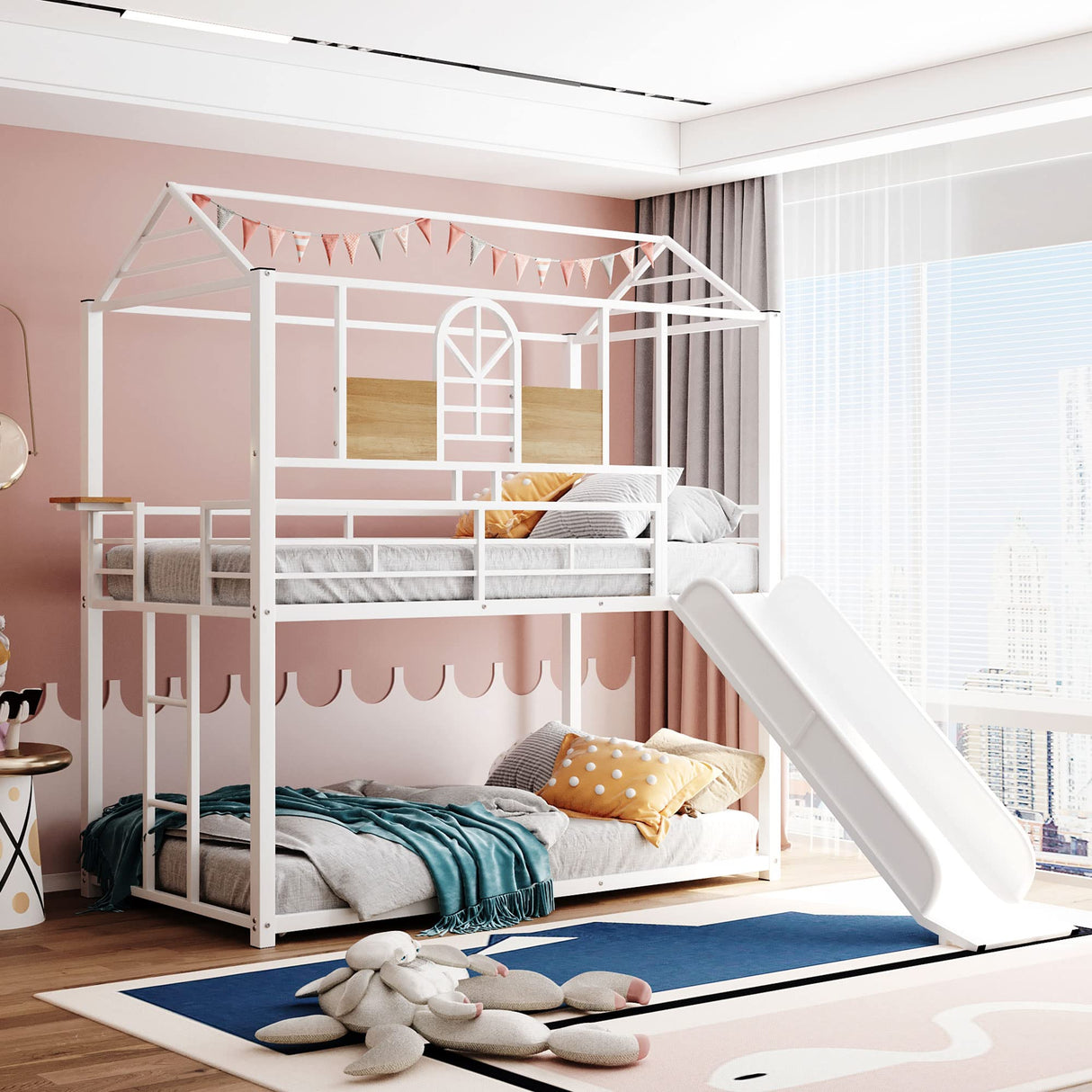 Size Metal Bunk Bed Frame with Roof Design and Bedside Storage Shelf, Metal House