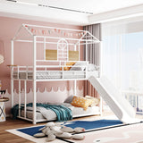 Size Metal Bunk Bed Frame with Roof Design and Bedside Storage Shelf, Metal House