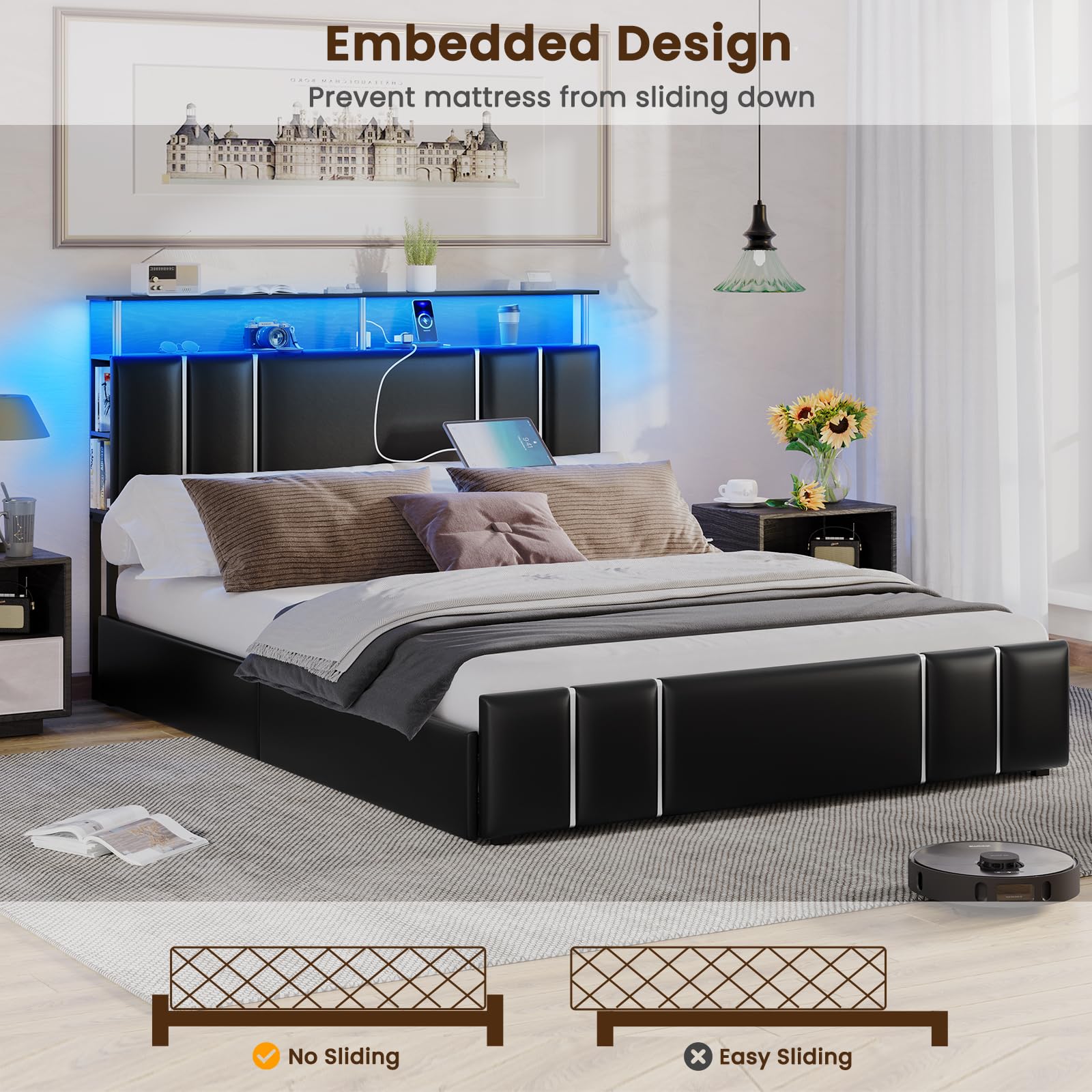 Bed Frame Full Size with Bookcase Headboard and 4 Storage Drawers, Leather