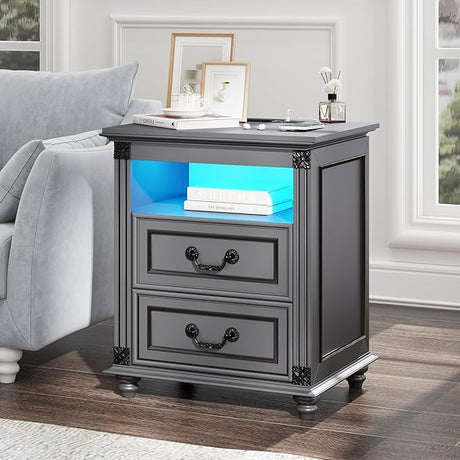 Night Stand with Charging Station, Nightstands with 3 Color LED Lights, Side Table with 2