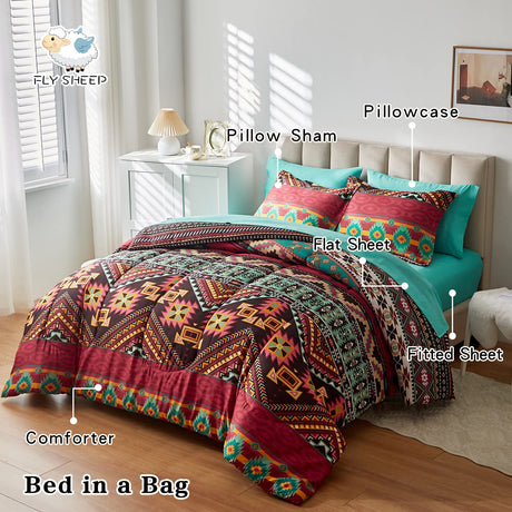 Boho Bed in a Bag 7 Pieces Queen Size, Colorful Bohemian Tribal Comforter