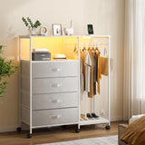 Fabric Dresser with Clothes Rack, 4 Drawers Dresser for Bedroom with Charging Station and LED Lights