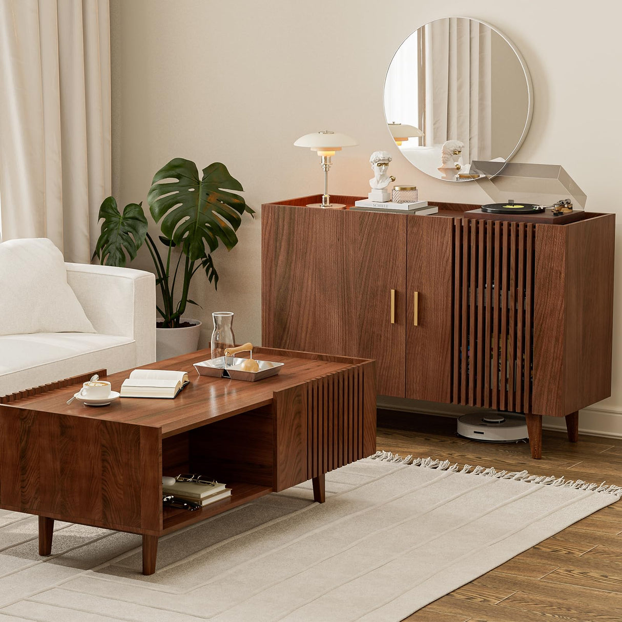 Buffet Storage Cabinet, Sideboard with Slatted Door, Gold Handles and Wood Legs