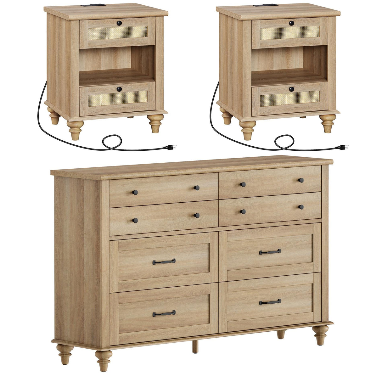 3 Piece Bedroom Set - Includes Bedroom 8 Drawer Dresser, Set of 2 Bedside Tables with Charging Station & Rattan Drawer, 3 Piece Dresser and Nightstand Sets, Oak