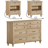 3 Piece Bedroom Set - Includes Bedroom 8 Drawer Dresser, Set of 2 Bedside Tables with Charging Station & Rattan Drawer, 3 Piece Dresser and Nightstand Sets, Oak