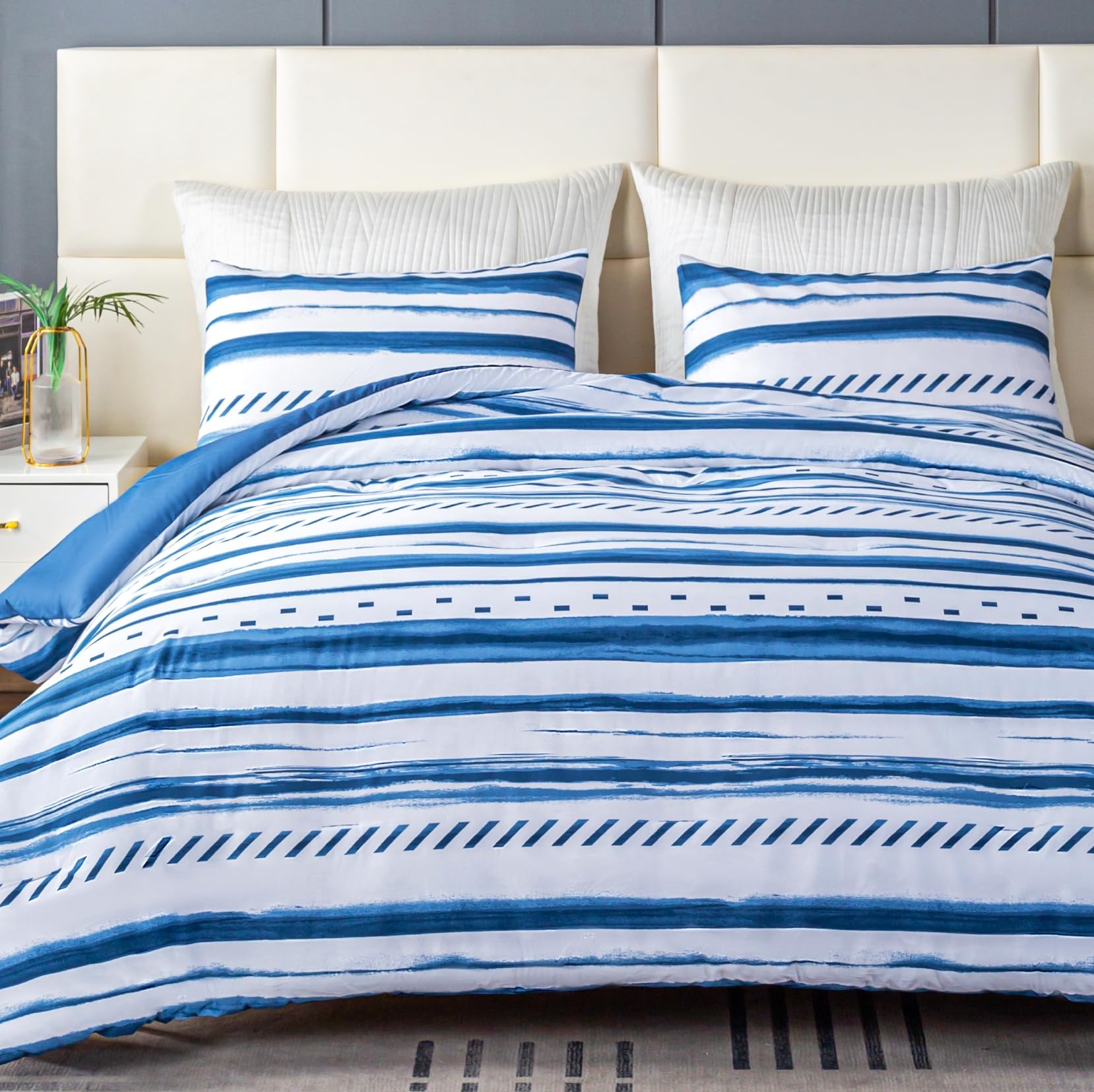 3 Pieces Comforter Set King Size, Cotton Fabric with Microfiber Inner Fill