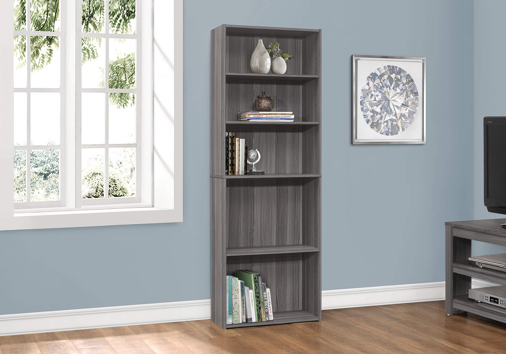 I BOOKCASE-72 H/Grey with 5 Shelves Bookcase, Gray