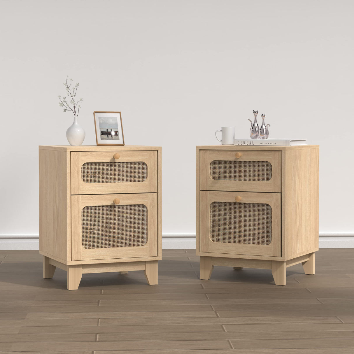 Wicker Rattan Stand,Rattan Stand with Drawer and Storage Space, Wooden Side End