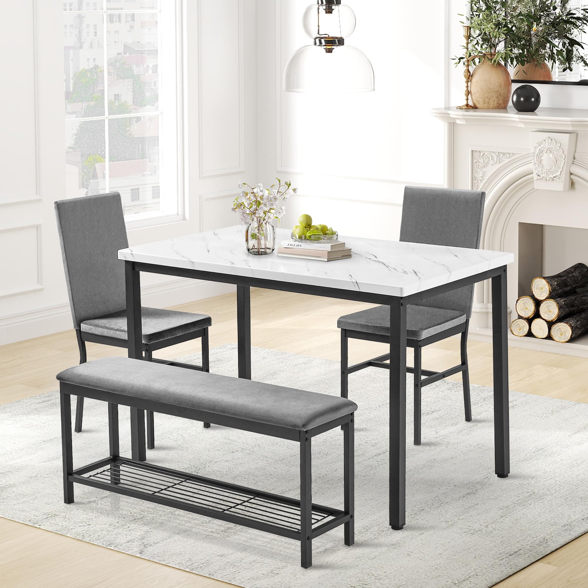 47.2" Faux Marble Dining Table Set for 4 with Velvet Chairs and Bench