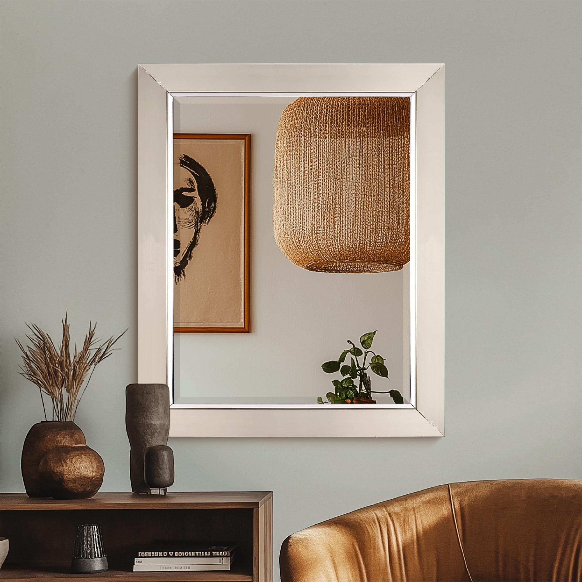 Head West Brushed Nickel Bathroom Vanity Mirror with Chrome Liner, Beveled Decorative Mirror for Wall Decor, Wall-Mounted Bathroom Mirrors for Over Sink, Restroom, Living Room 27.5"x33.5"