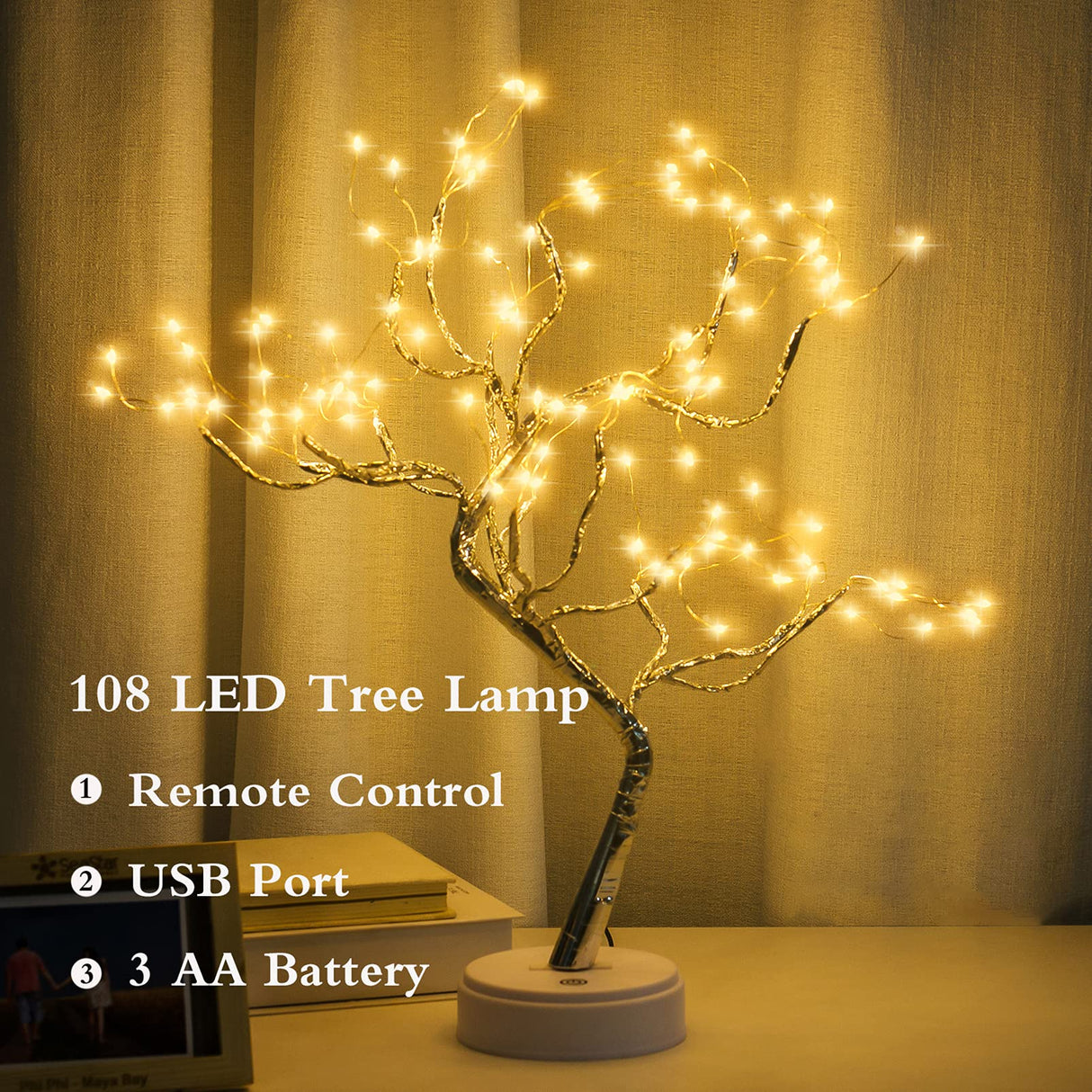 108 LED Sparkly Fairy Tree Lamp, Warm White, Remote Control, USB/Battery, 8 Modes,