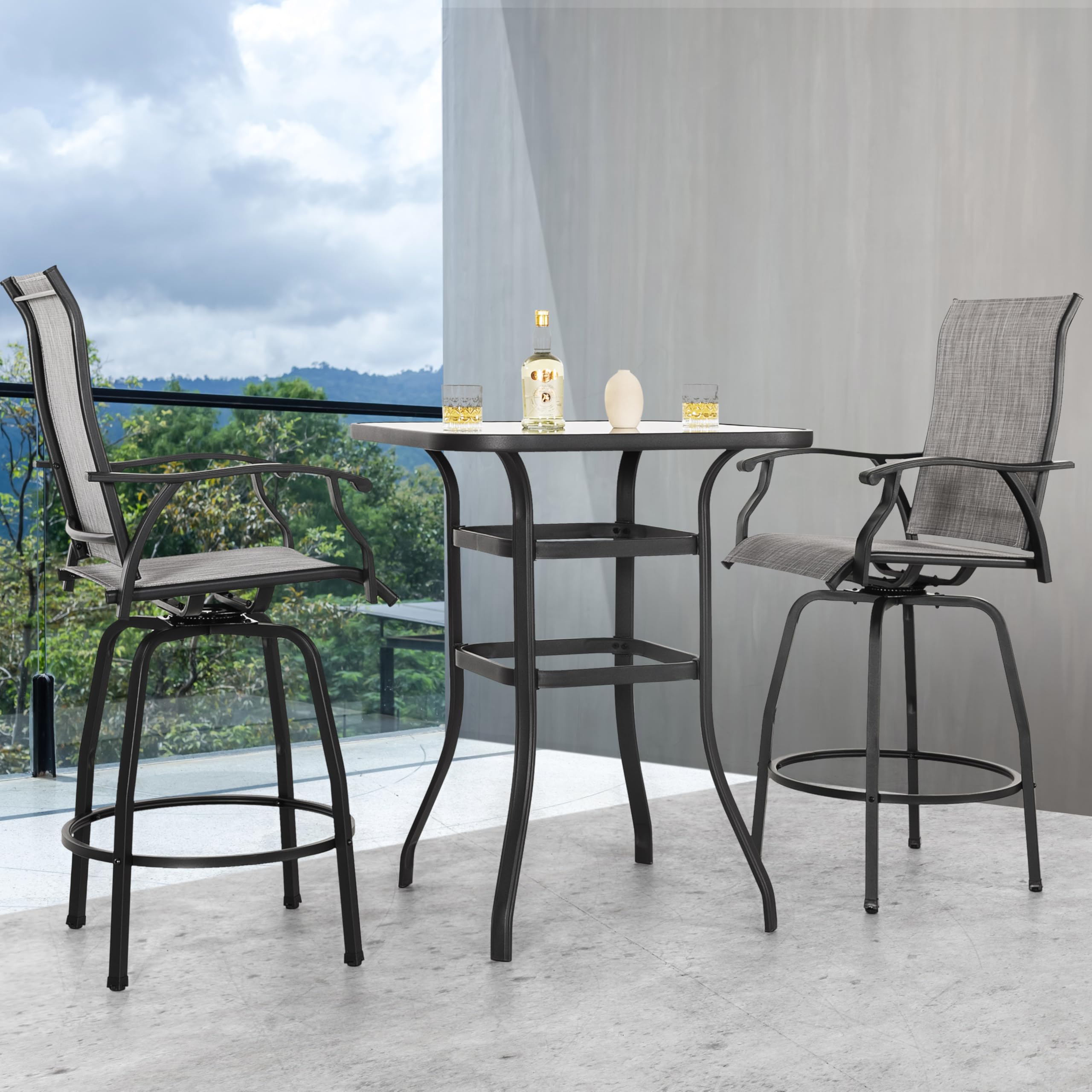 3 Piece Outdoor Patio Bar Set, Patio Bar Furniture Set, Outdoor Tempered Glass Square Bar Table