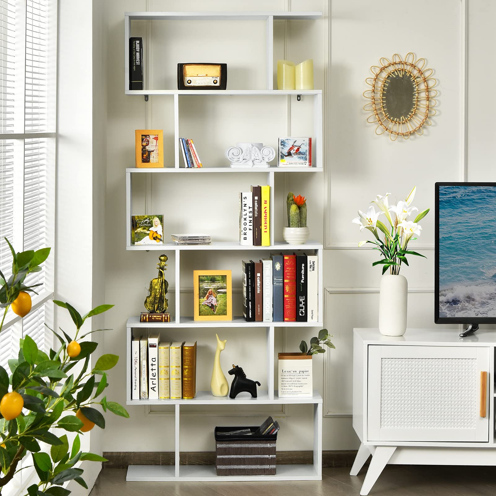 6 Tier S Shaped Bookshelf, 31.5''L x 9''W x 75''H, Wooden Bookcase and Bookshelves w/Anti-Toppling Device, Room Divider Display Shelves for Living Room, Home Decor, 6 Shelf Bookshelf