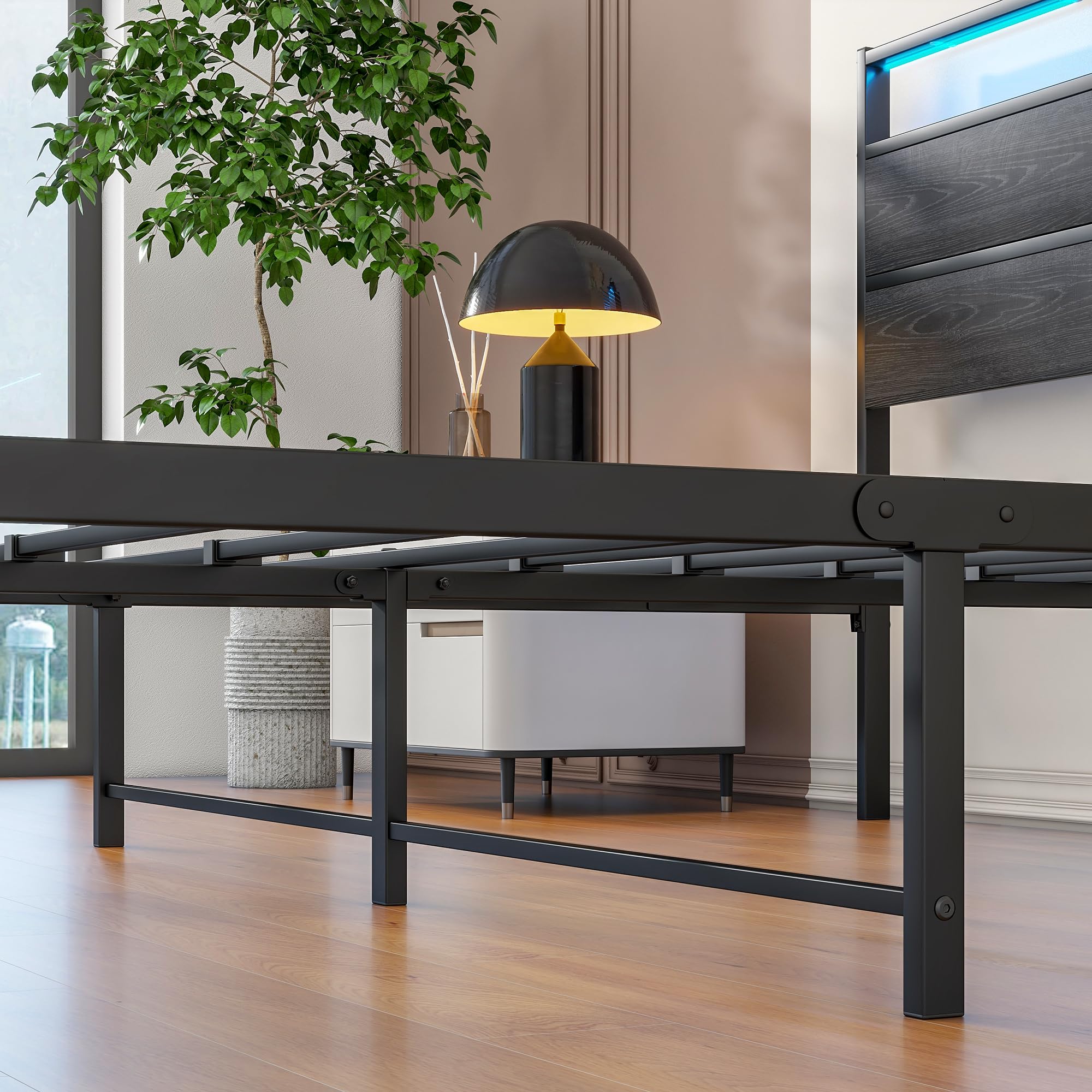 Queen Metal Platform Bed Frame with LED Headboard & USB Charging