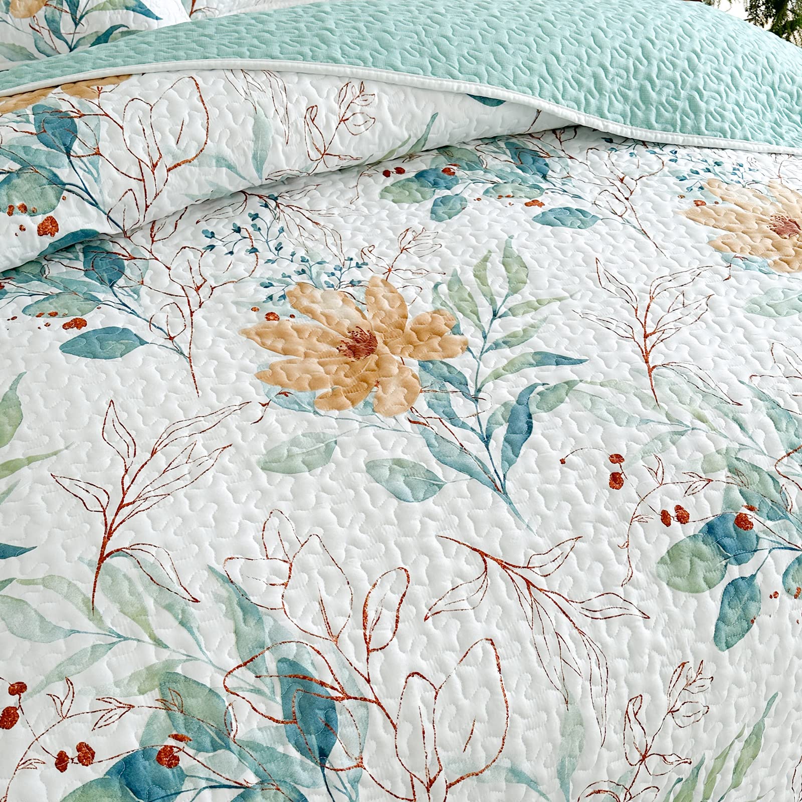 Set with Green Leaves Botanical Coverlet Bedspread