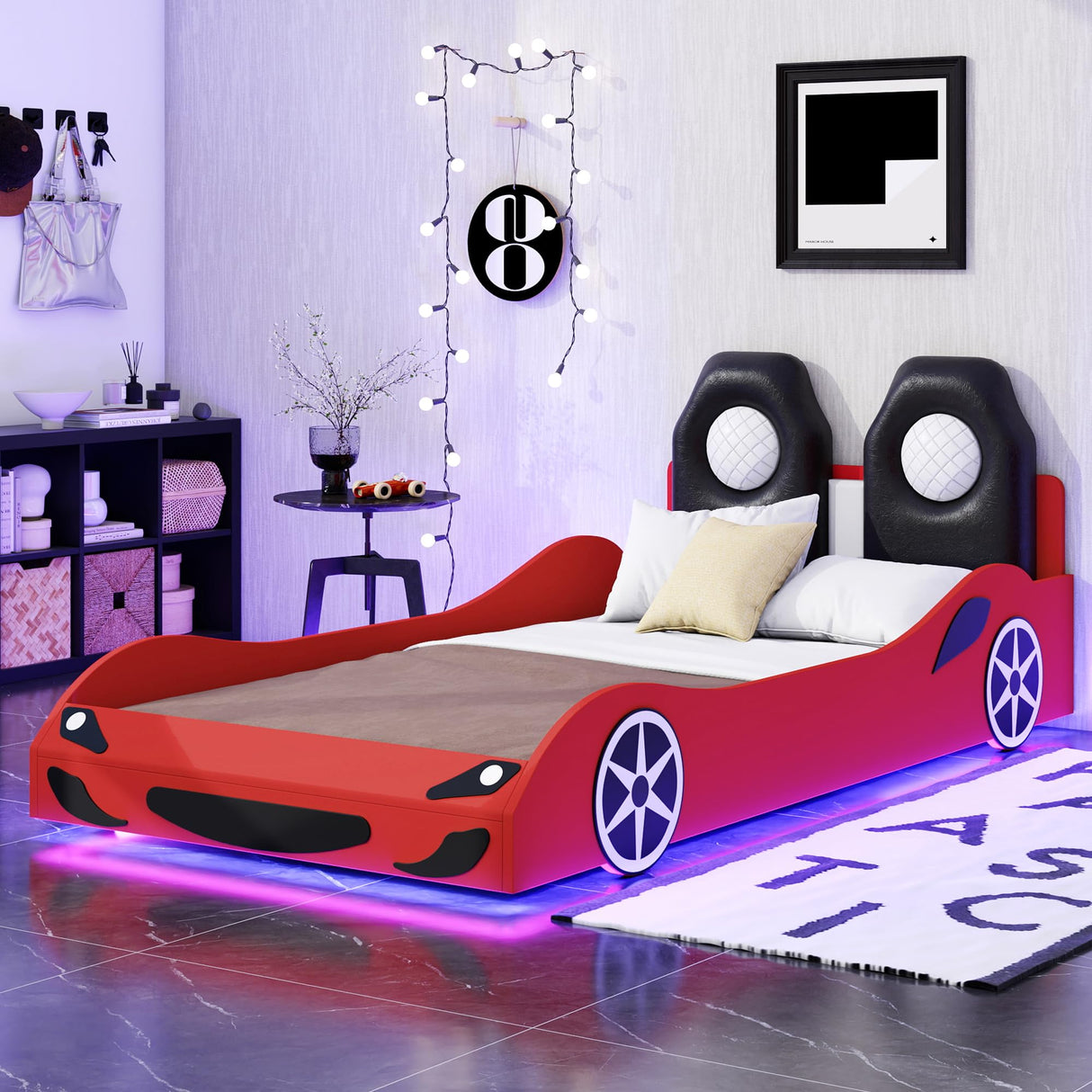 Twin Race Car Bed with LED Lights and Guardrails