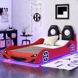 Twin Race Car Bed with LED Lights and Guardrails