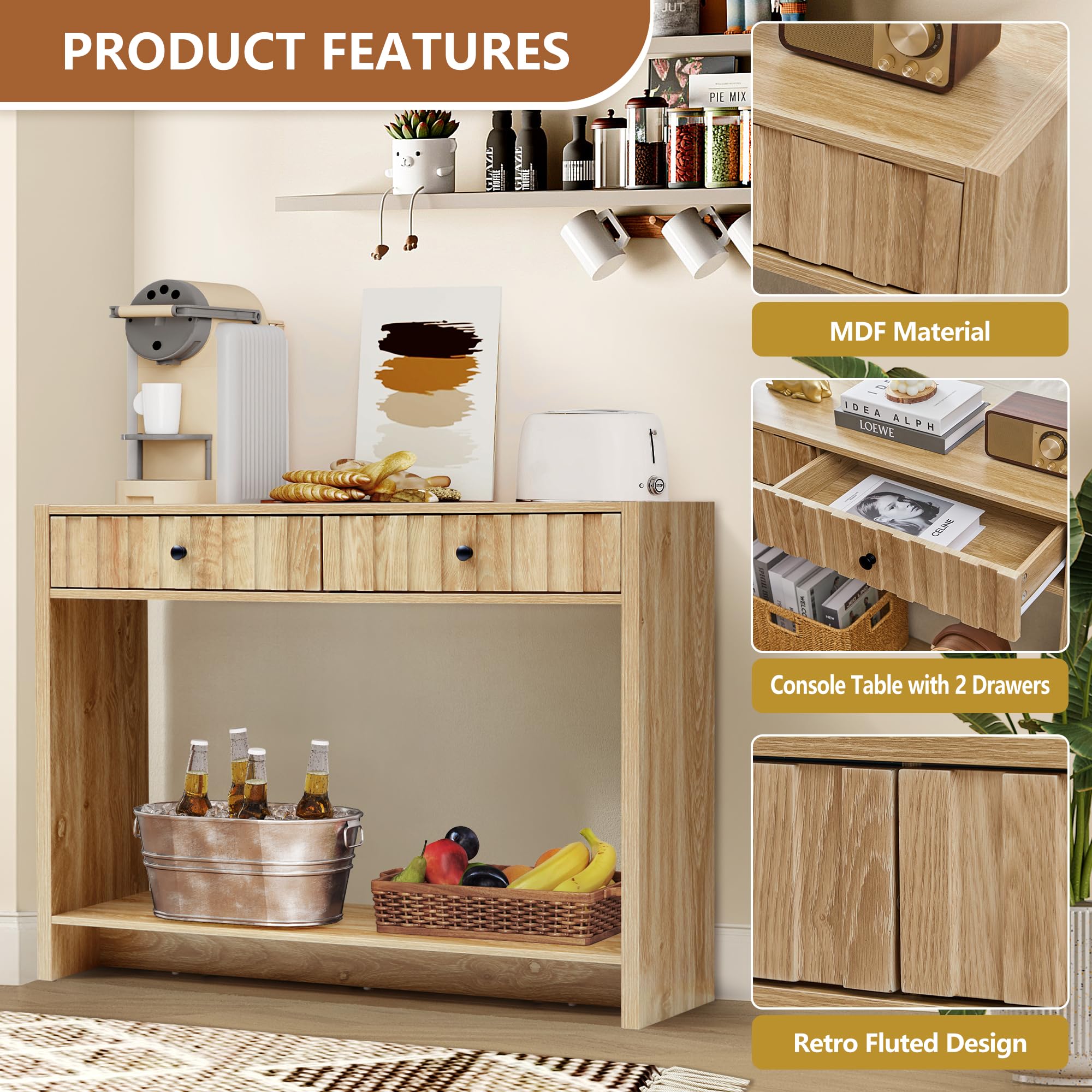 Entryway Console Table with Fluted Drawers - 43" Mid Century Sofa Table