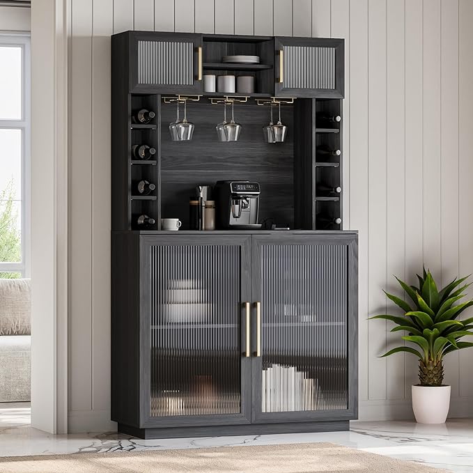 Coffee Wine Bar Cabinet with Power Outlet, 72" Rustic Liquor Cabinet