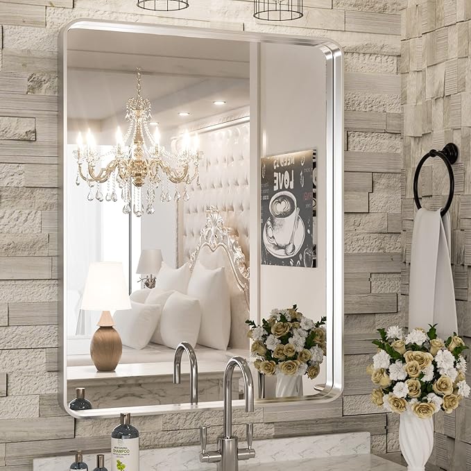 Bathroom Mirror for Wall Brushed Brass Metal Rounded Corner