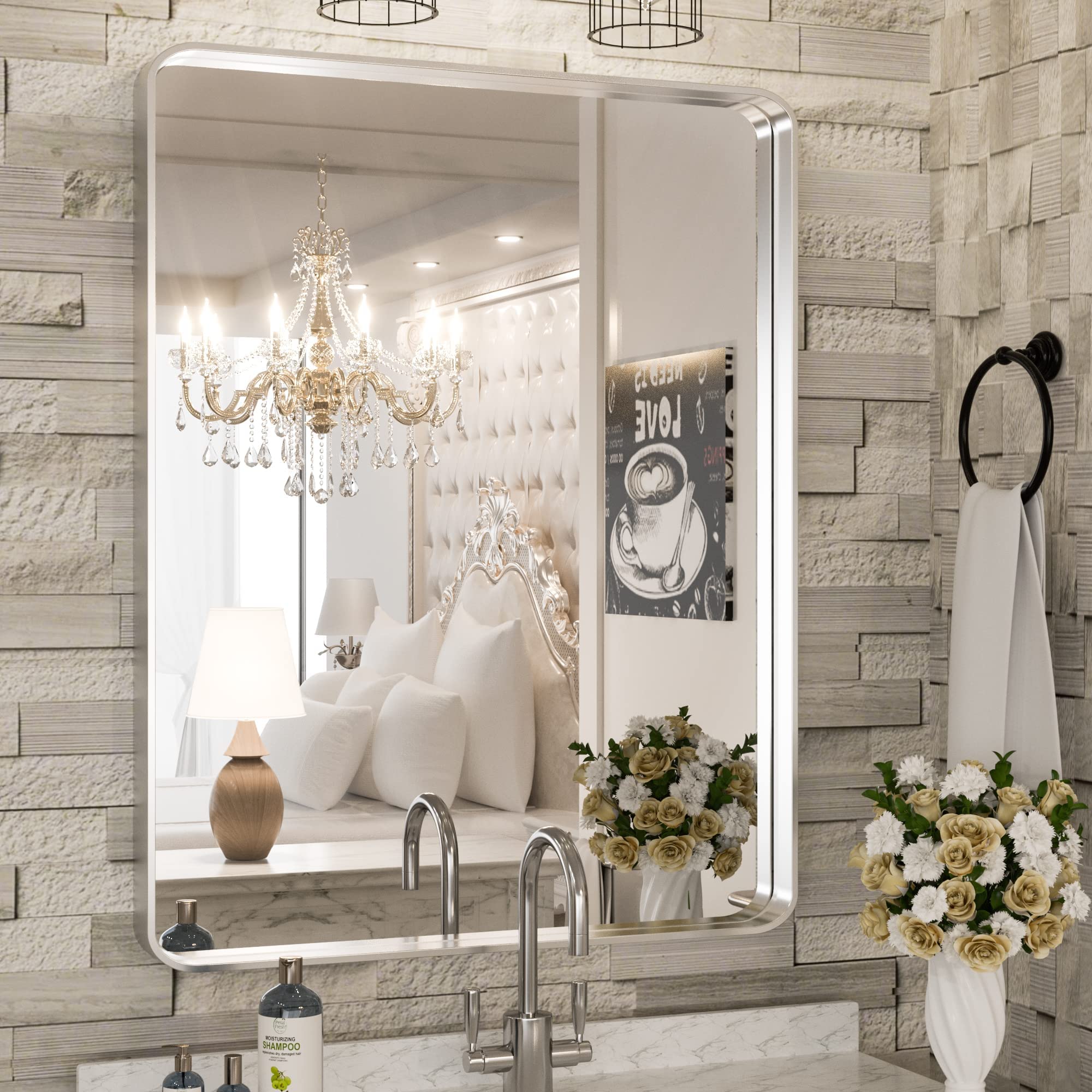 Bathroom Mirror for Wall Brushed Brass Metal Rounded Corner
