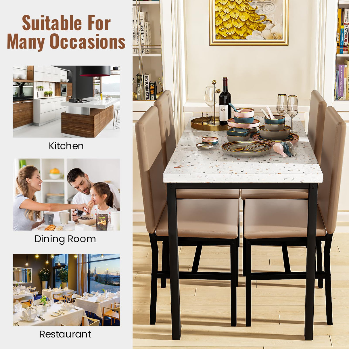 Dining Table Set for 4 with 4 PU Leather Chairs, 5-Piece Kitchen & Dining Room Sets,