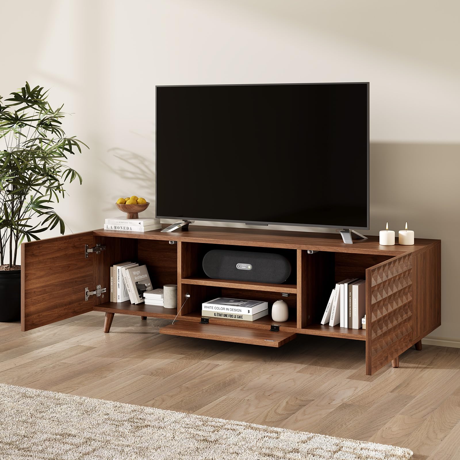 65 Inch TV Stand with Diamond Panel - Modern Entertainment Center