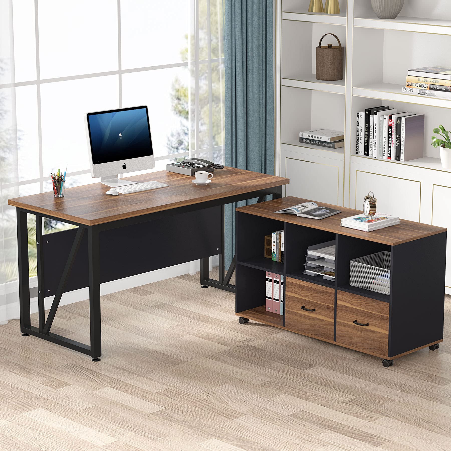 55 inches Executive Desk and 43" lateral File Cabinet, L-Shaped Computer Desk Home Office Furniture with Drawers and Storage Shelves, Office Table with Cabinet (Walnut, 55)