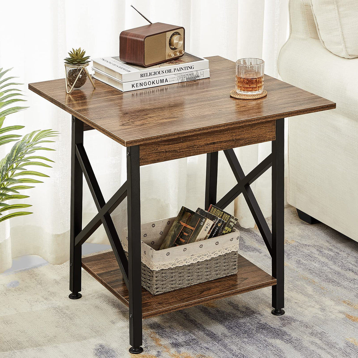 End Table 24 inch Industrial Design Side Table with Storage Shelf for Living Room