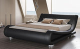 Queen Size Upholstered Bed Frame, Deluxe Low Profile Sleigh Bed with Faux Leather