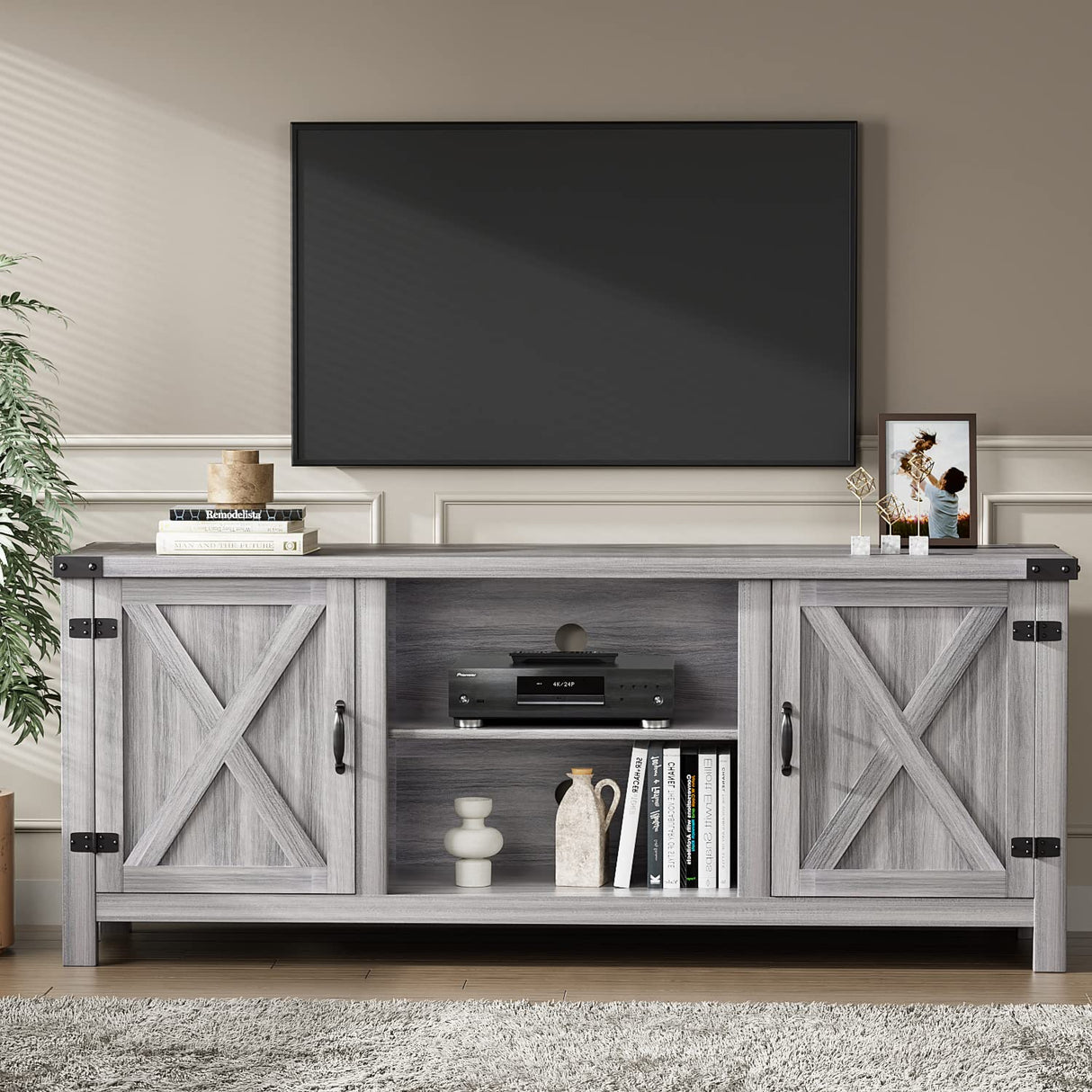 Modern Farmhouse TV Stand with Two Barn Doors and Storage Cabinets for Televisions