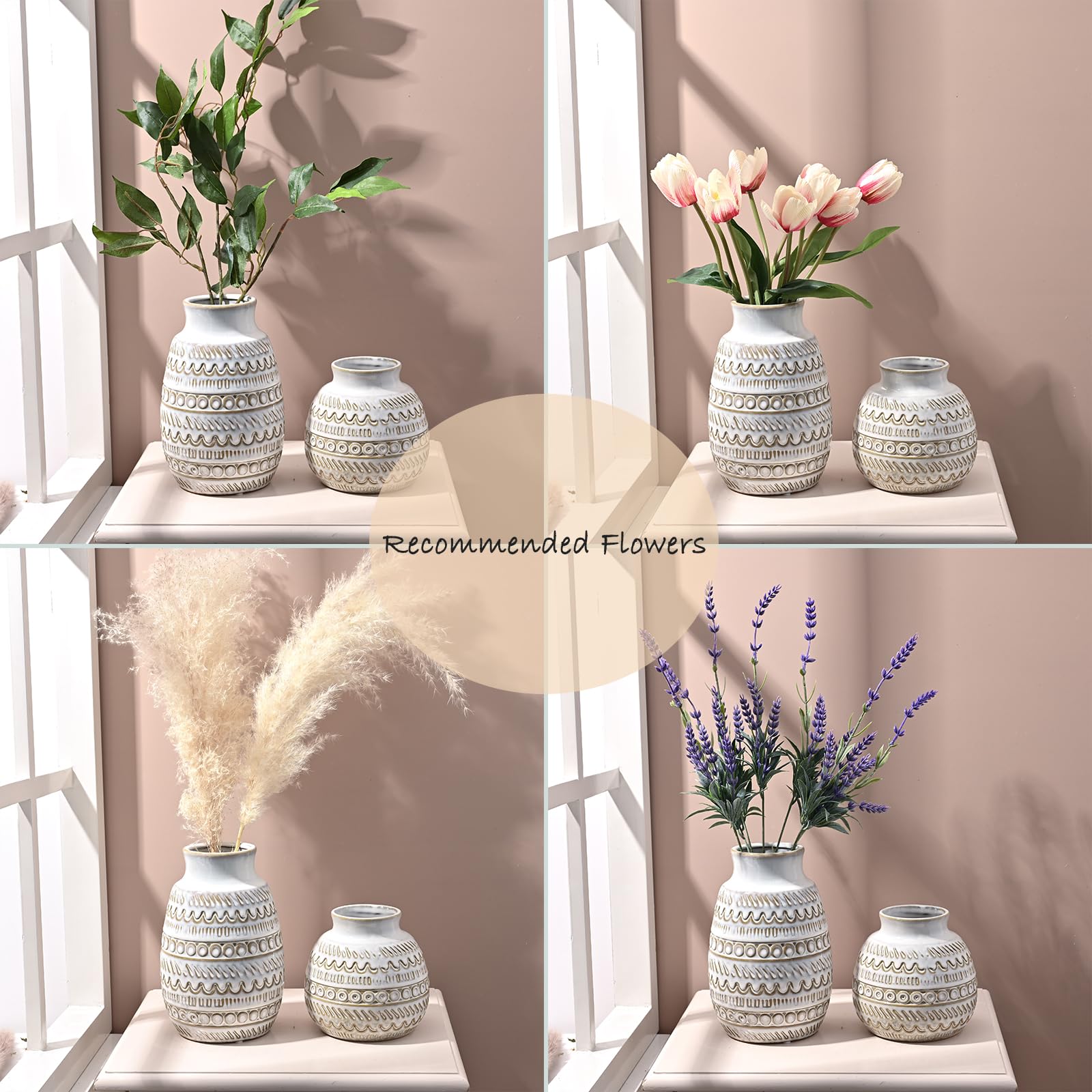 Farmhouse Vases for Home Decor, White Pottery Boho Vases, Decorative Rustic