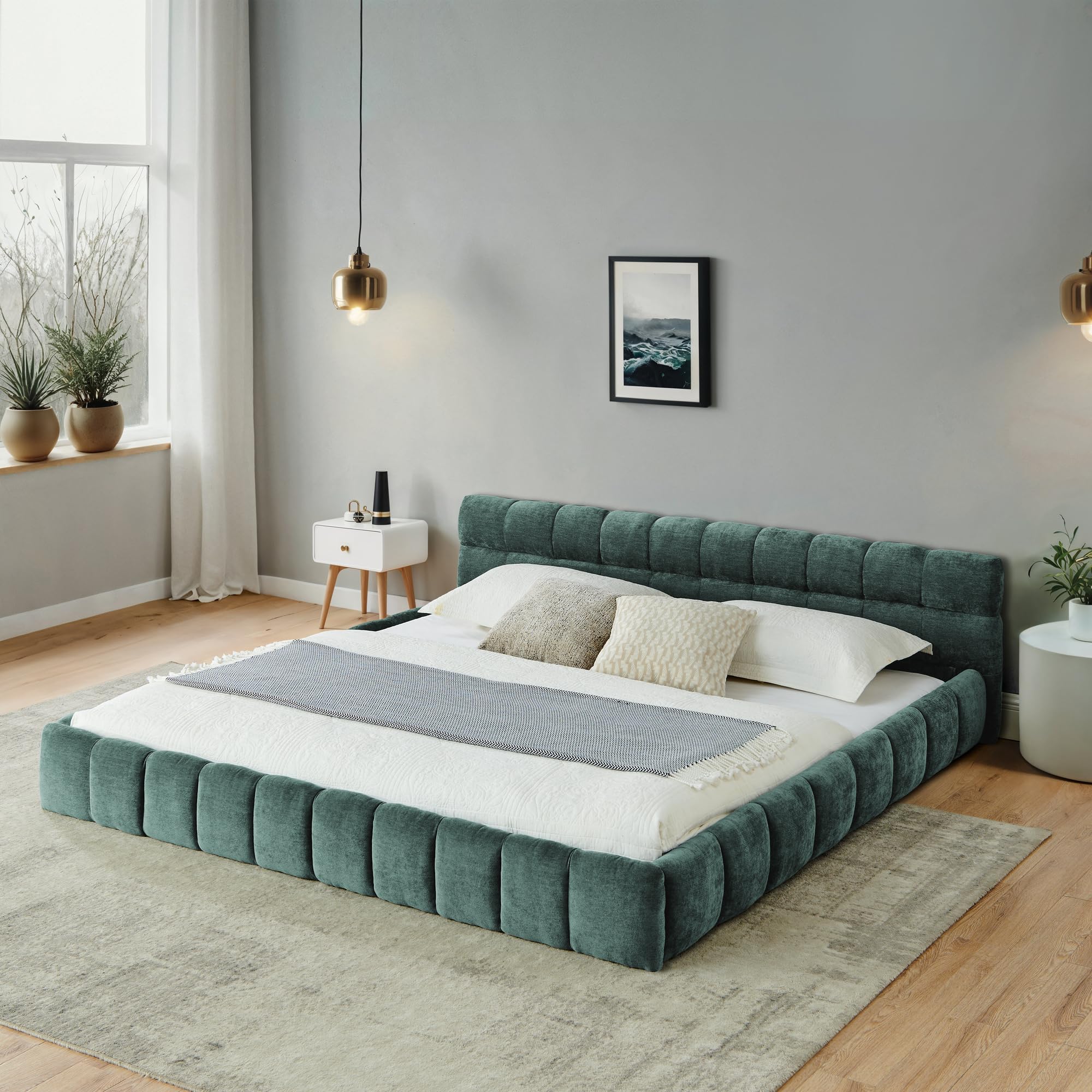 King Size Upholstered Platform Bed - Blue Green Chenille