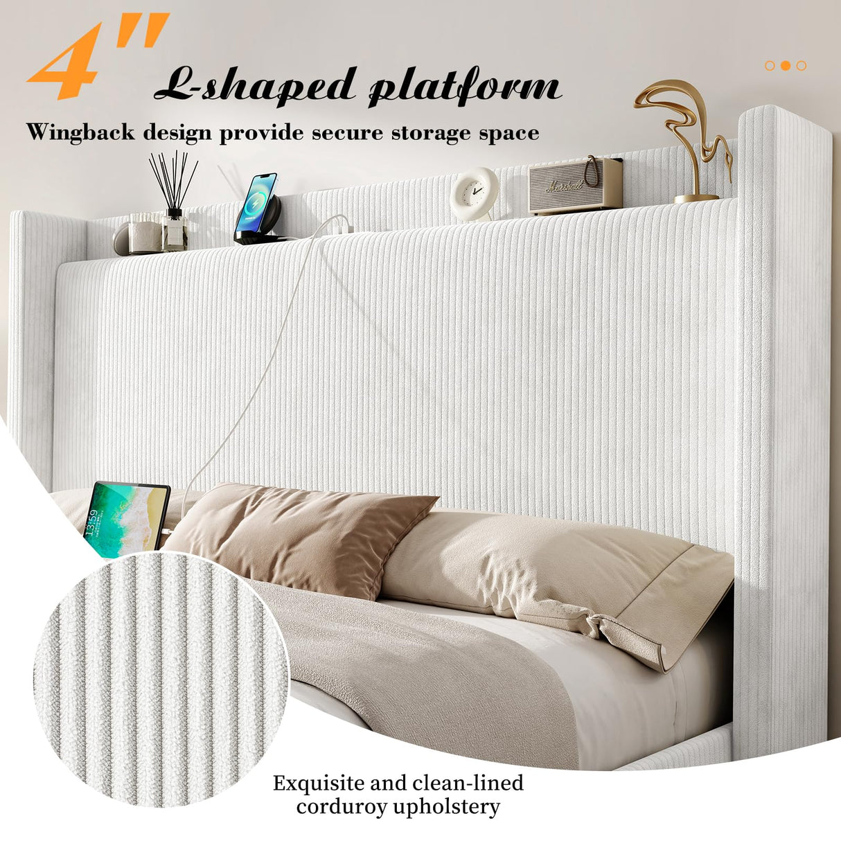 Jocisland Full Size Bed Frame Upholstered Corduroy Bed with Modern Wingback Storage Headboard and Charging Station, No Box Spring Needed, White