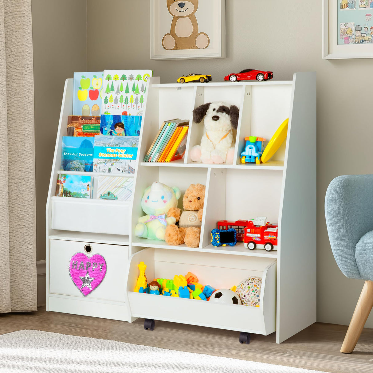 KOLIGEY Kids Bookshelf and Toy Organizer, 5-Cubby Toy Storage Cabinet with 4 Tier Wooden Bookcase, 1 Removable Toy Cabinet with Wheels for Bedroom, Living Room, Playroom, Nursery, Classroom