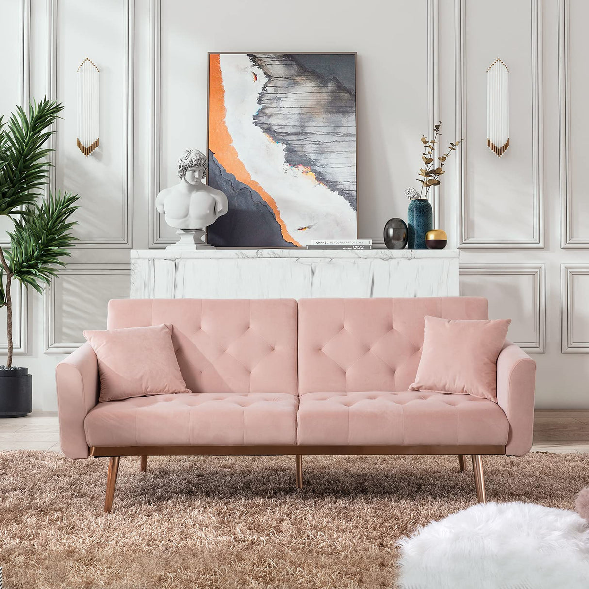 Convertible Velvet Futon Sofa Bed, Upholstered Loveseat Sleeper Couch with 3 Reclining Angles and 2 Pillows