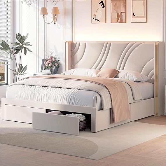 Queen Size Velvet Upholstered LED Platform Bed with Storage Drawers