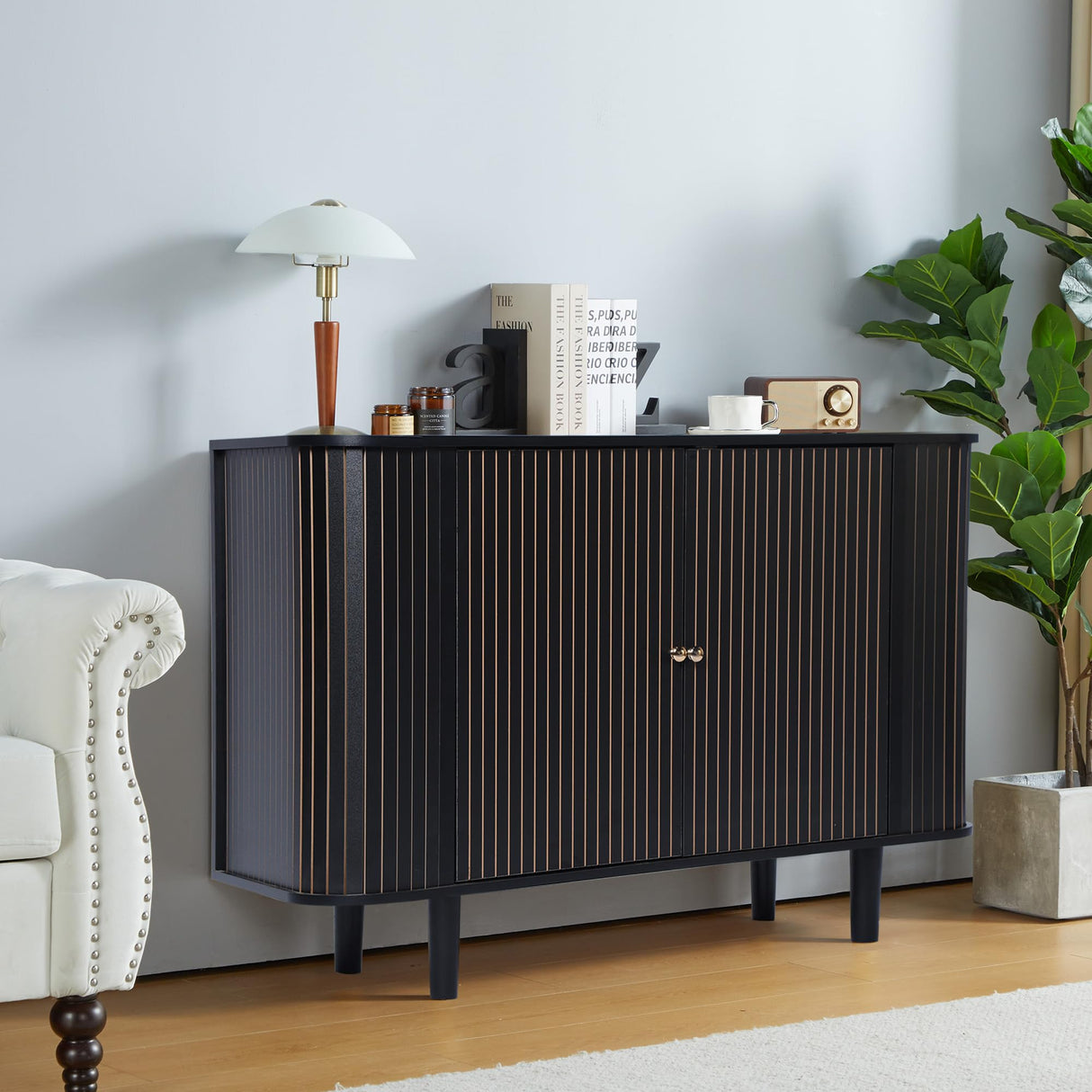 Storage Cabinet, Sideboard Buffet Cabinet with Stripping Decorated Design