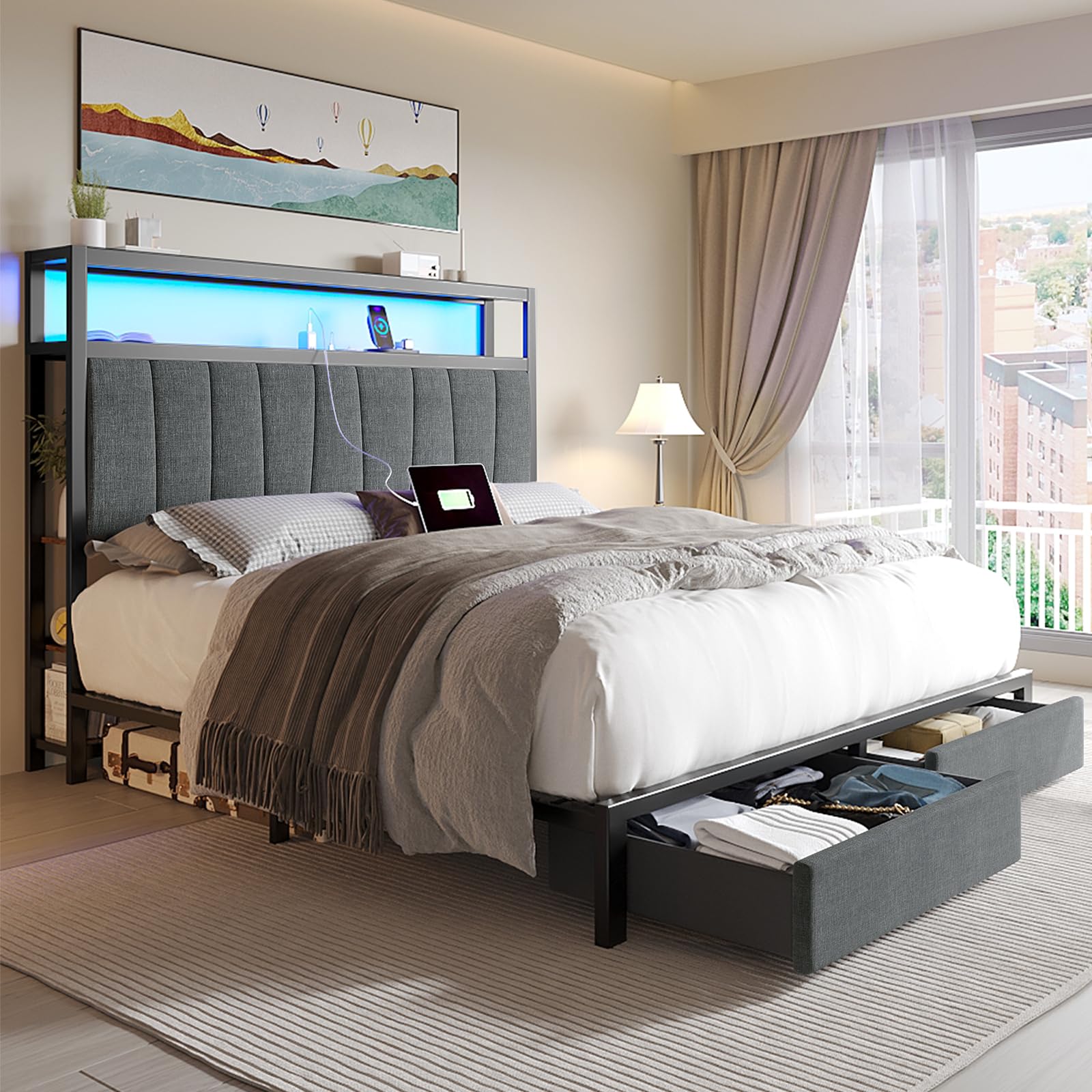 Fastroby LED Bed Frame Queen Size with Storage, Upholstered Queen Bed Frame with 2-Tier Charged Headboard and Drawers, 6-Side-Storage, Dark Grey