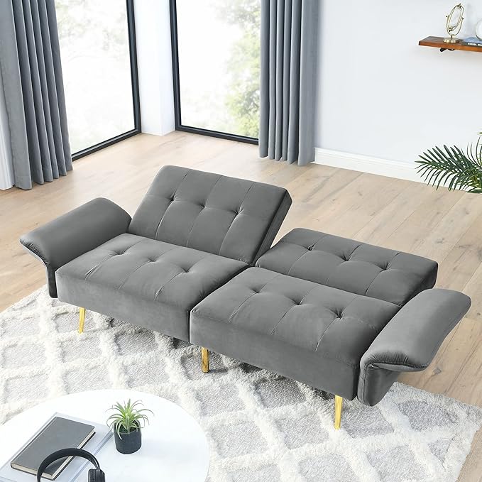 78" Italian Velvet Futon Sofa Bed with Storage Bags Folded Armrests,Convertible Sleeper