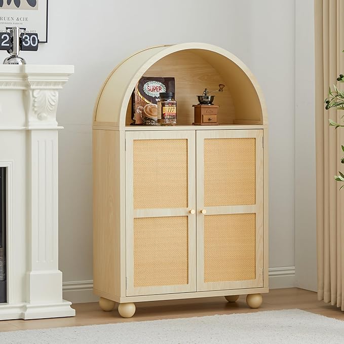 Sideboard Buffet Cabinet, Modern Arched Storage Cabinet with Rattan Decor Doors