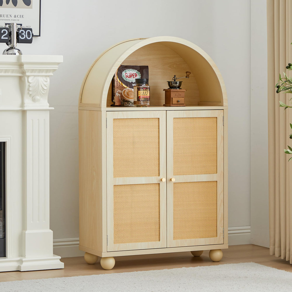 Sideboard Buffet Cabinet, Modern Arched Storage Cabinet with Rattan Decor Doors