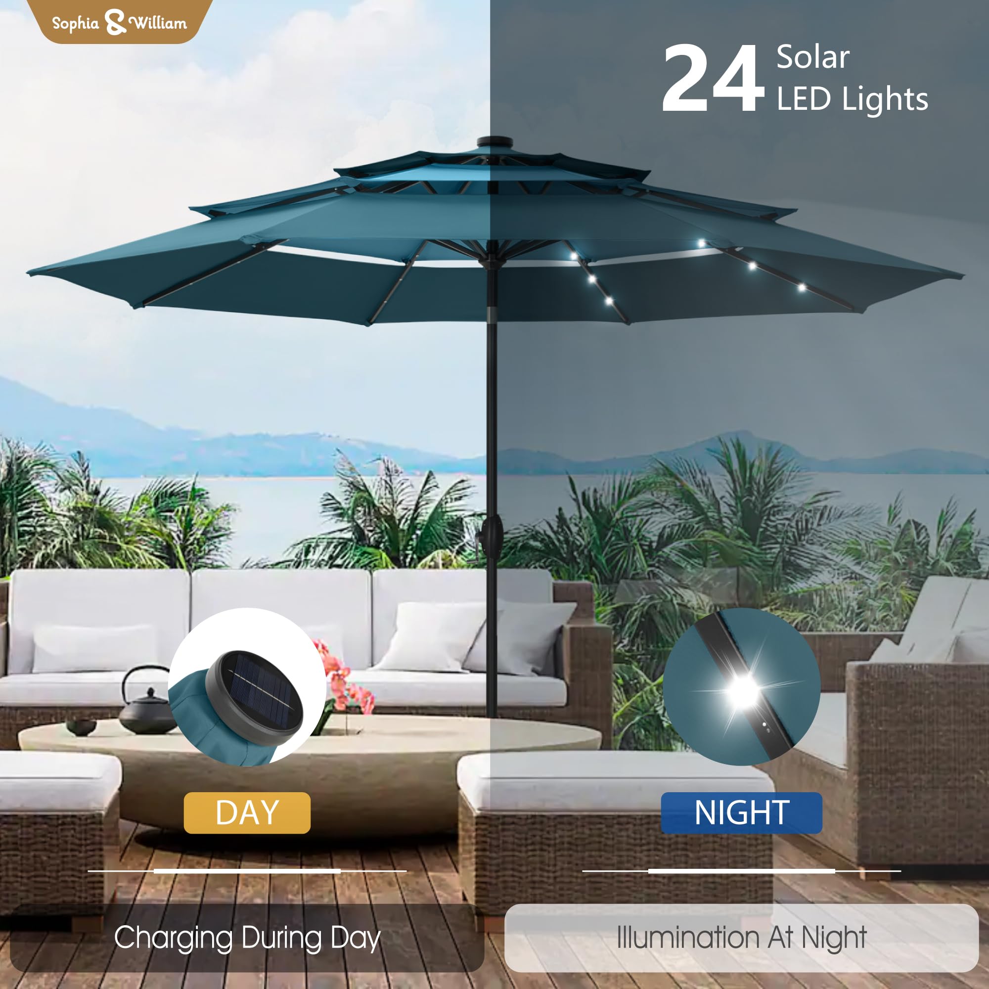 Sophia & William 10ft Patio Umbrellas 3-Tier Umbrella Outdoor Patio Umbrellas with Lights Vented Top 24 LED lights Adjustable Tilt for Pool Garden Backyard, Mixed Peacock