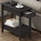 Side Table with Charging Station, Narrow End Table with Storage, 2-Drawer Nightstand