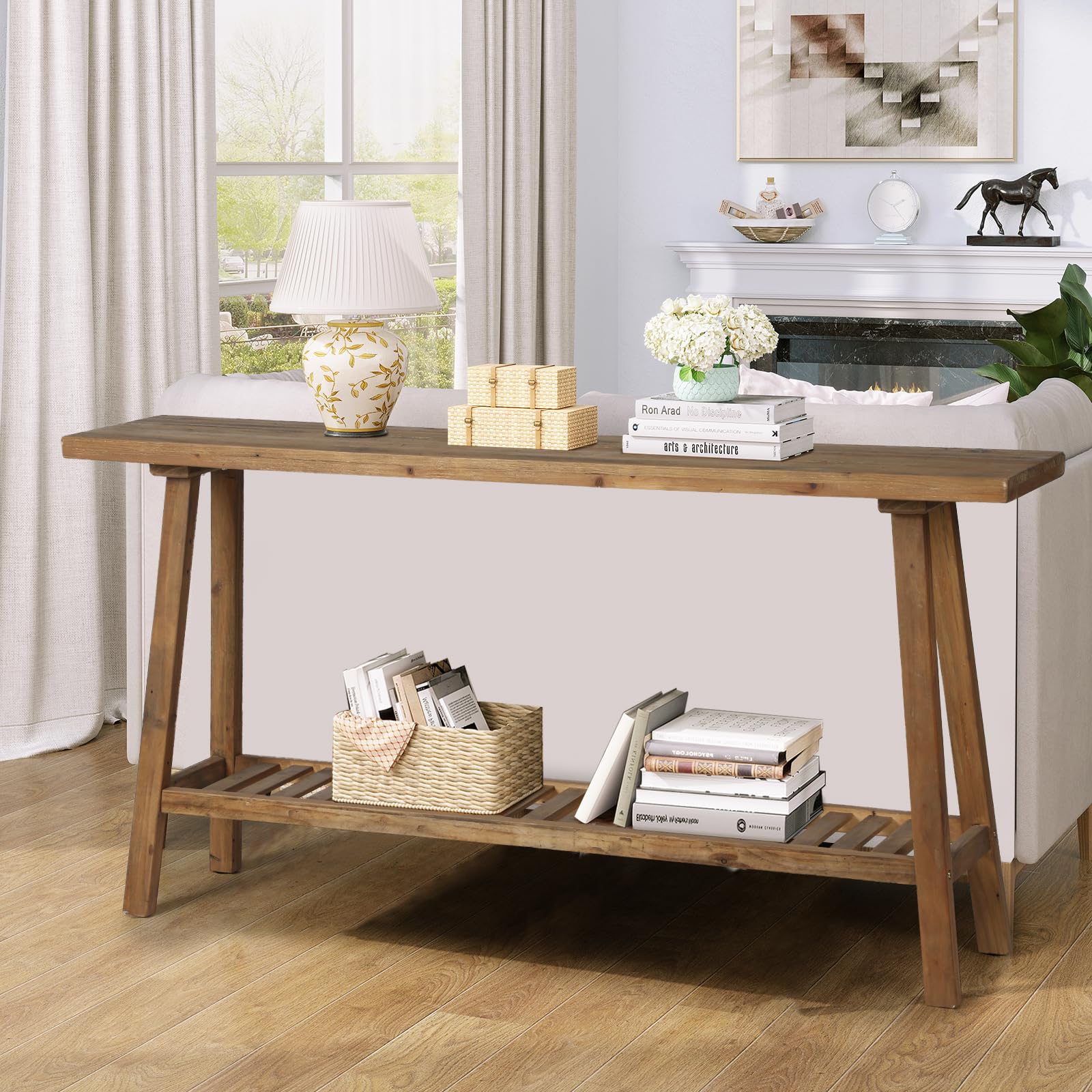 Reclaimed Wood Console Table 59" - Farmhouse Entryway Table with 2-Tier Storage