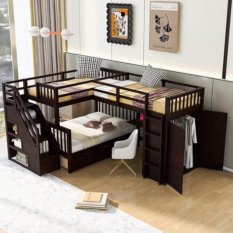 L Shaped Bunk Beds for 3, Triple Bunk Bed with Stairs and 3 Storage Drawers