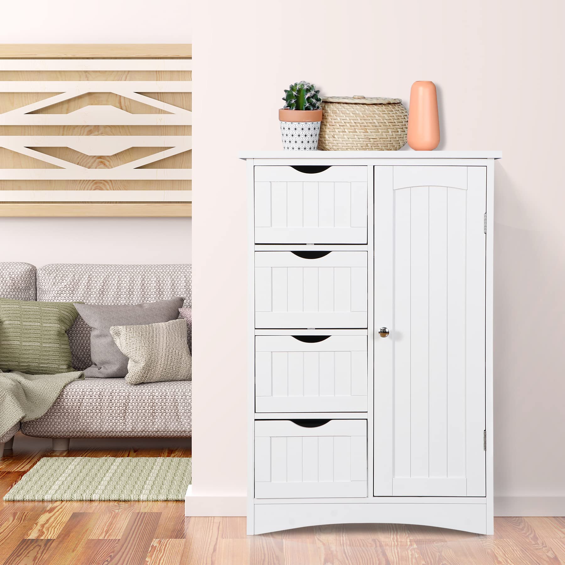 Bathroom Floor Storage Cabinet, Side Organizer with 4 Drawers and 1 Cupboard, Adjustable Shelf Freestanding
