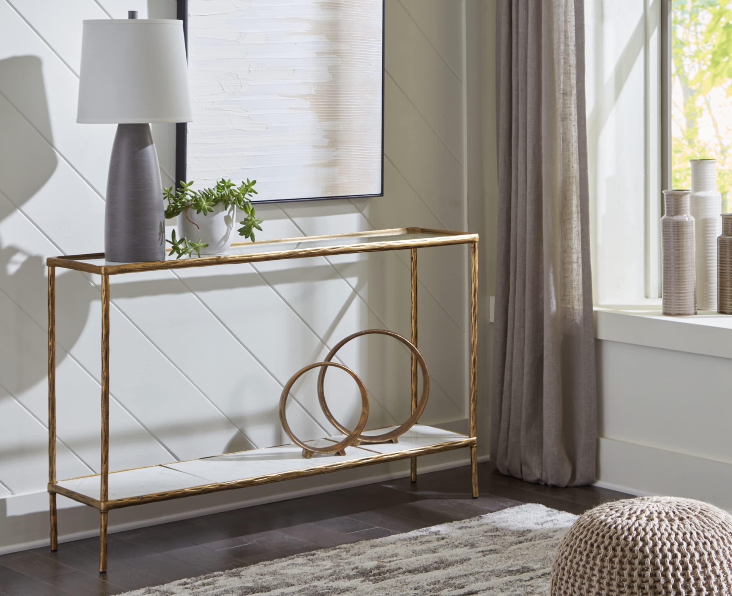 Ryandale Console Table - Glass Top with Marble Shelf, 52" Antique Brass
